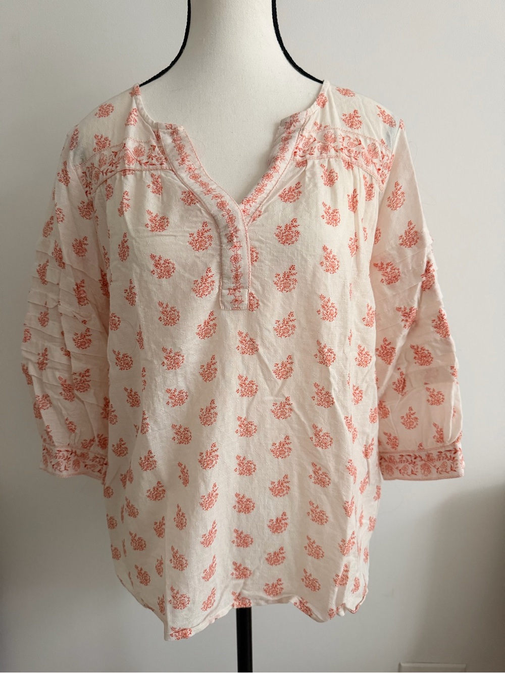 Cream Coral Peasant Cotton Tunic Top with Coral Print